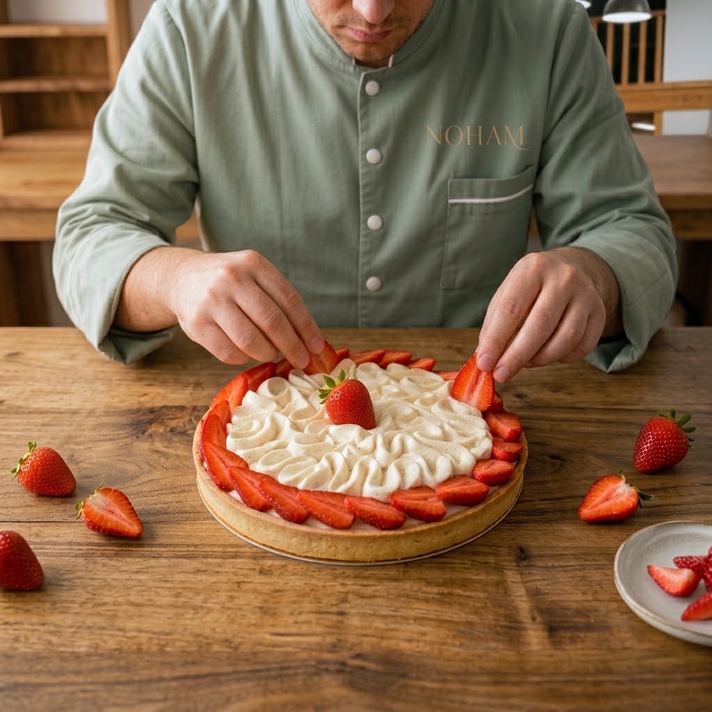 Pâtissier Noham dressant une tarte aux fraises